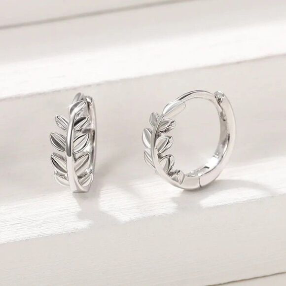 Silver Leaf Hoop Earrings - Picture 4 of 7